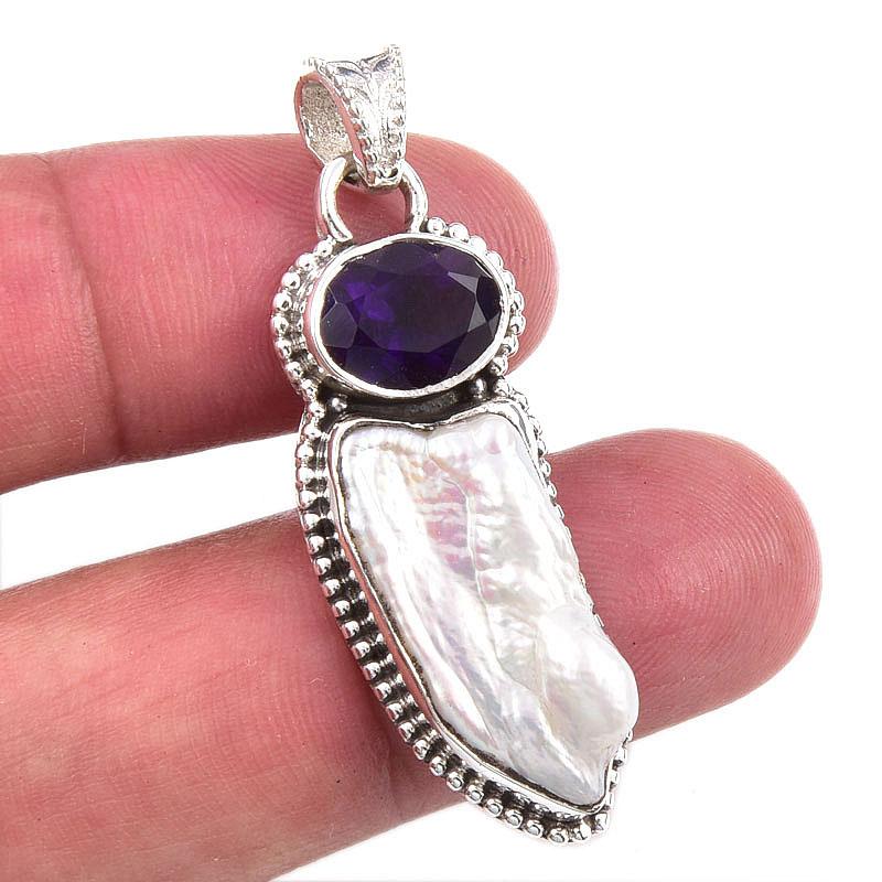 

Natural Biwa Pearl,African Amethyst 925 Solid Sterling Silver Pendant 1.75 G0r81