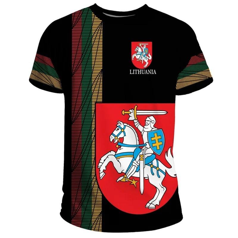 Lithuanian Flag and Emblem 3D Printed T-shirt Summer Round Neck Short Sleeve Sports Street Men's T-shirts