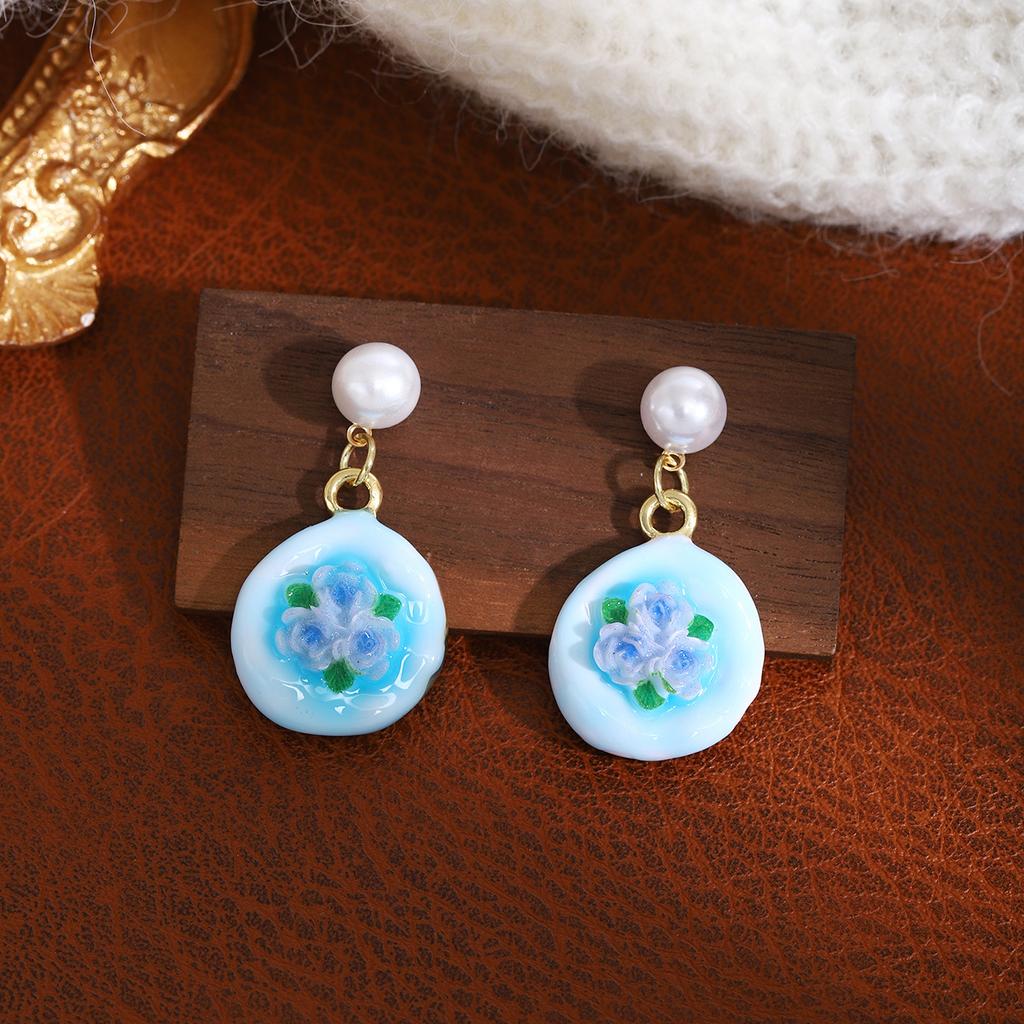 French Color Oil Drop Flower Pearl Stud Earrings Mori Fresh And Sweet Earrings Light Luxury Design Earrings Women