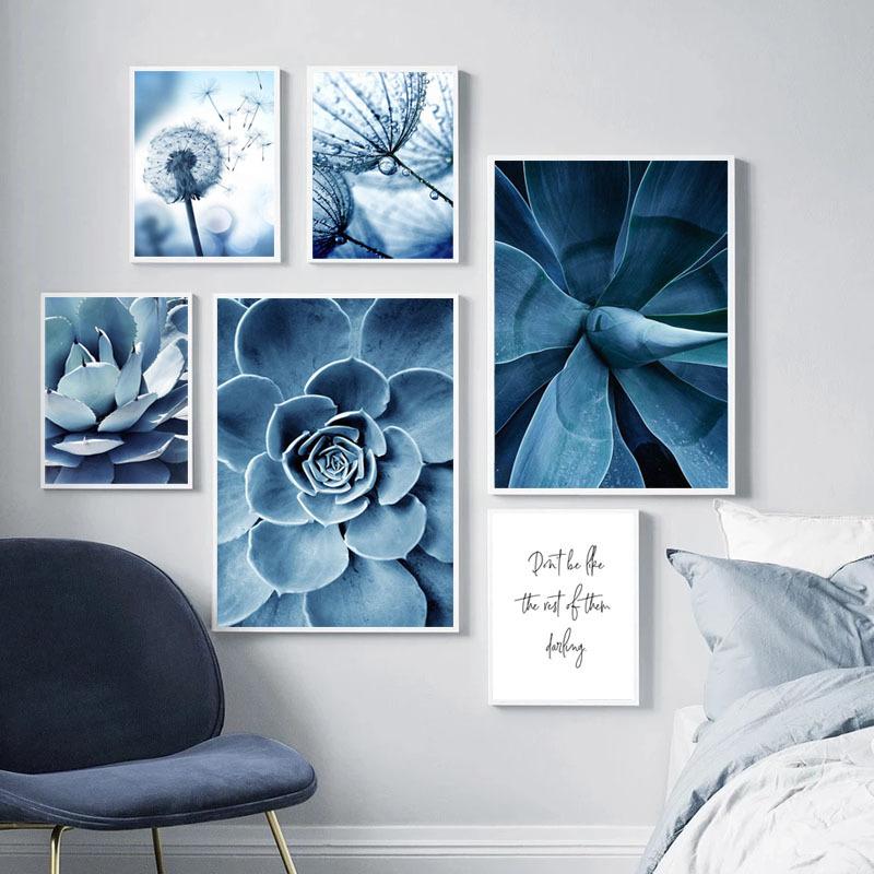 Blaue Pflanzen und Blumen Gemälde Löwenzahn Wandkunst Leinwand Gemälde Sukkulenten Wandbilder für Wohnzimmer Dekor Poster