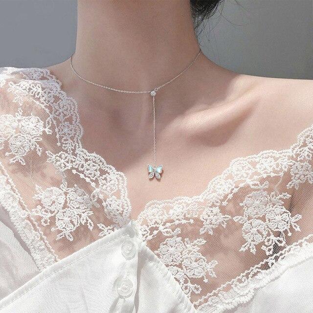 Sterling Tone Butterfly Necklaces Shiny Zircon Stone Clavicle Chain Pendant Necklace Women Jewelry Event Gathering Souvenir GiftTrendy