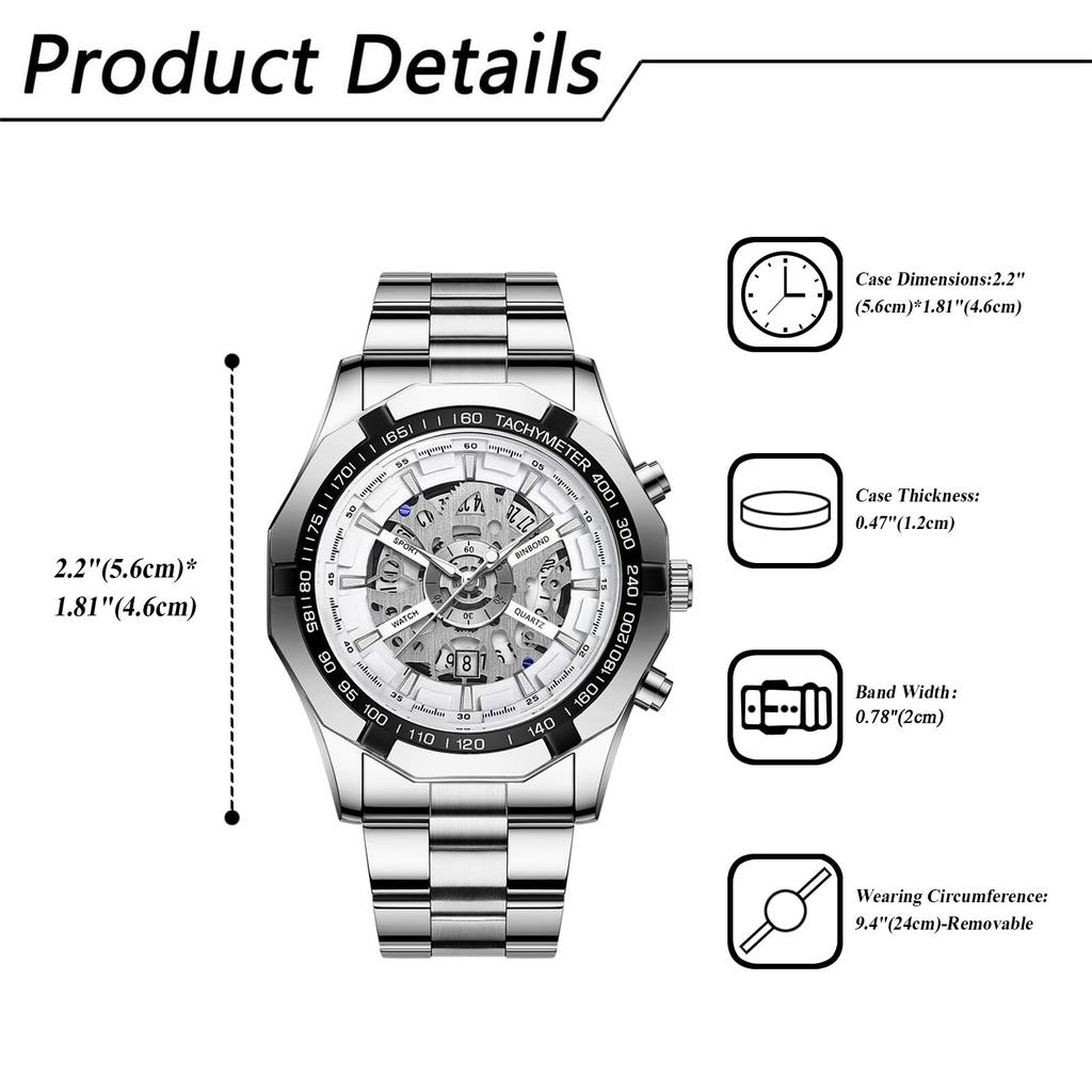 Silver Watch with 3ATM Water Luminous Analog Stainless Stylish Quartz Fashion Accessory Perfect for or As a Boyfriend Gift Men's Calendar, Resistance,