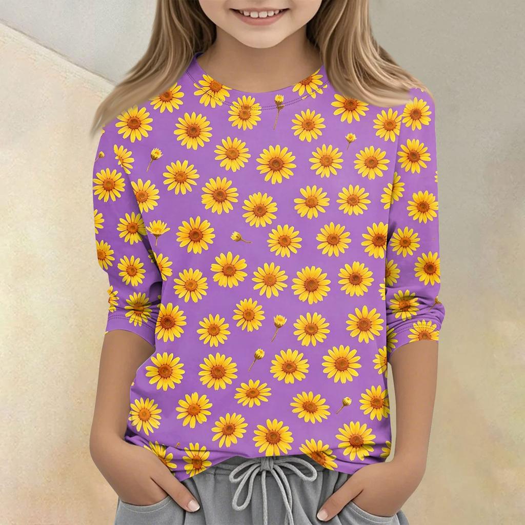 Girls Floral Print Crew Neck Three Quarter Sleeve Casual T Shirt Lightweight Comfortable Fit Soft Fabric