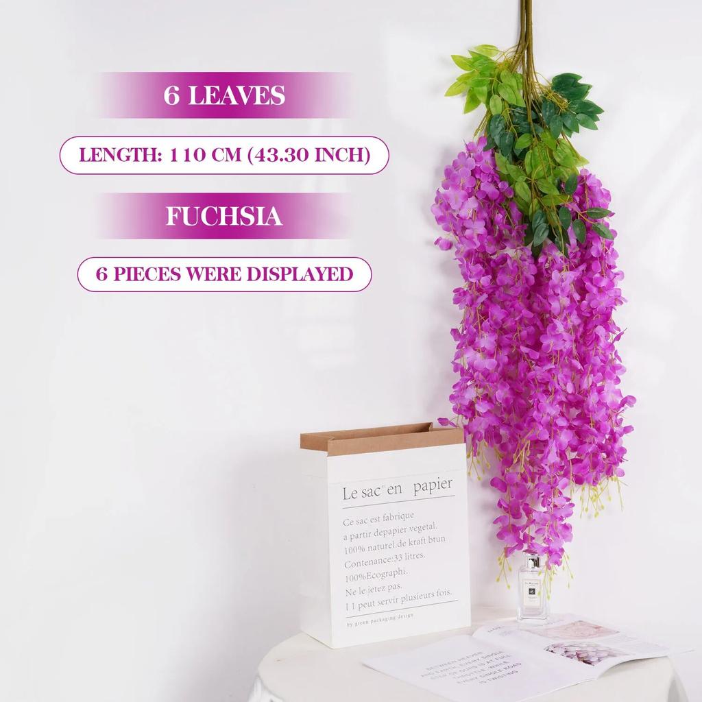 6PCS 110cm Artificial Wisteria Vine Garland Fake Ivy Flowers for Wedding Arch, Home Wall Decor Realistic Outdoor Hanging Plants