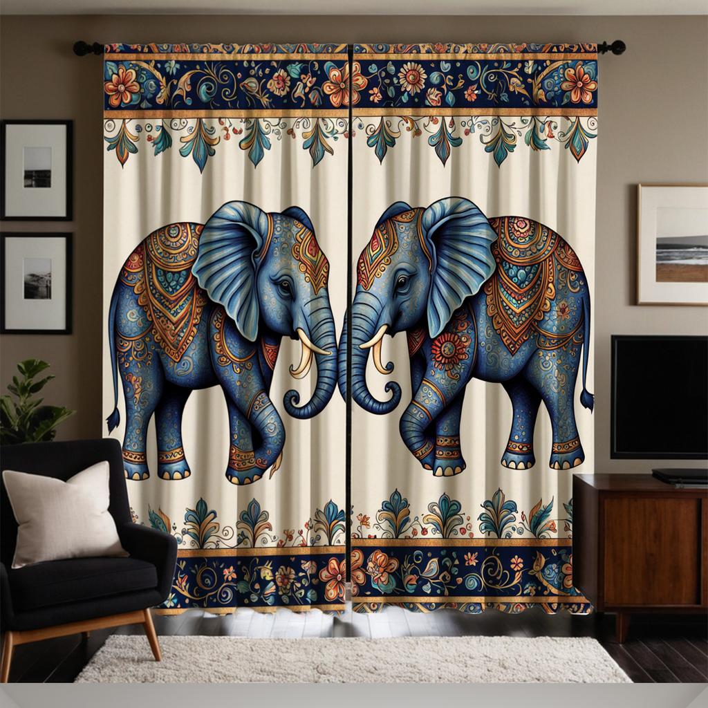 Majestic Elephant Curtains Blue Floral Paisley Print Polyester Living Room Bedroom Decor Light Blocking Set Of 2 Made With Rod Pocket
