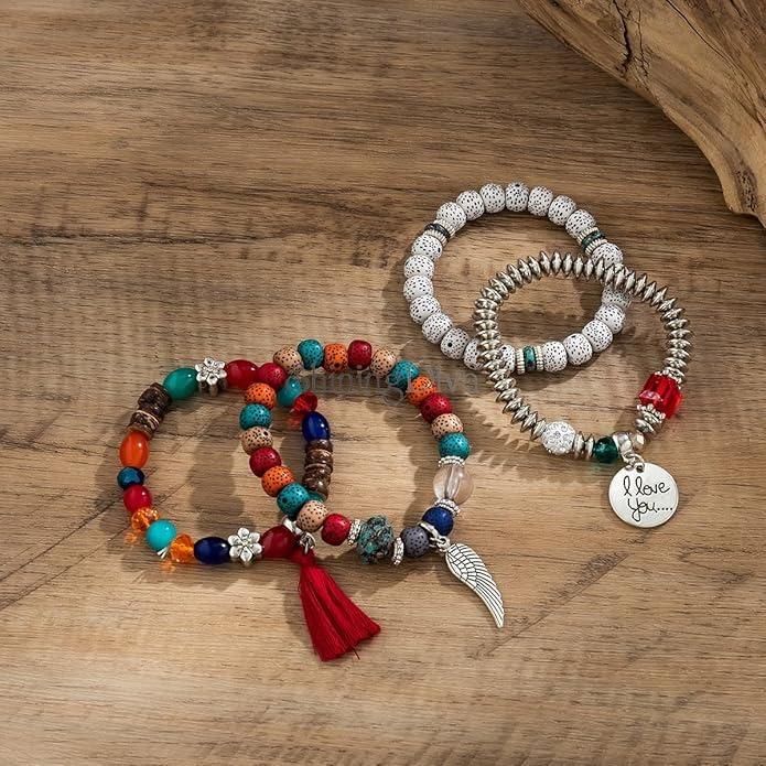 Neuestes Stilvolles Böhmisches Ich Liebe Dich Feder Quaste Anhänger Mehrschichtiges Perlenarmband Bodhi Armband für Frauen und Mädchen