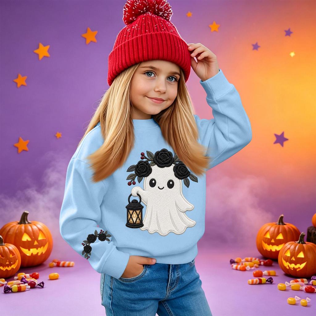 Kids' casual long-sleeved sweatshirt with Halloween print, suitable for holiday parties and everyday wear.