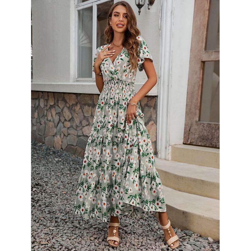 

European American Summer New V-neck Ruffled Short Sleeve Long Dress Elegant Waist-Controlled Large Hem Dress Image color S