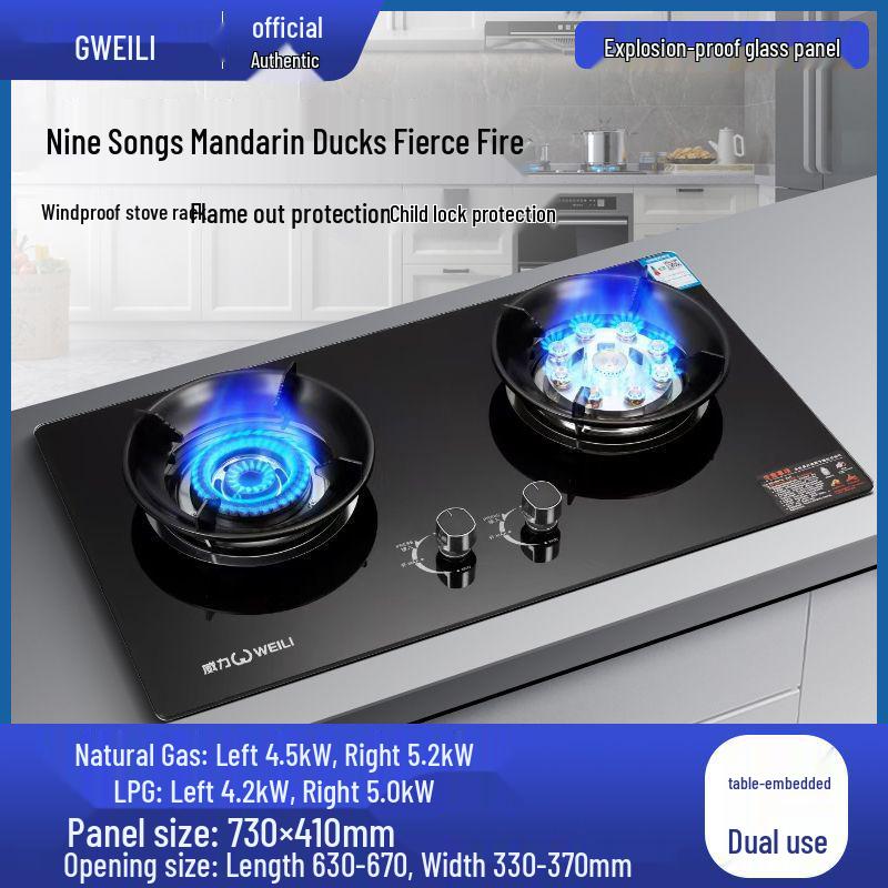 Weili Double Burner Gas Stove: Built-in/Portable, Natural Gas & LPG Compatible, High-Power Nine-Chamber Cooktop.