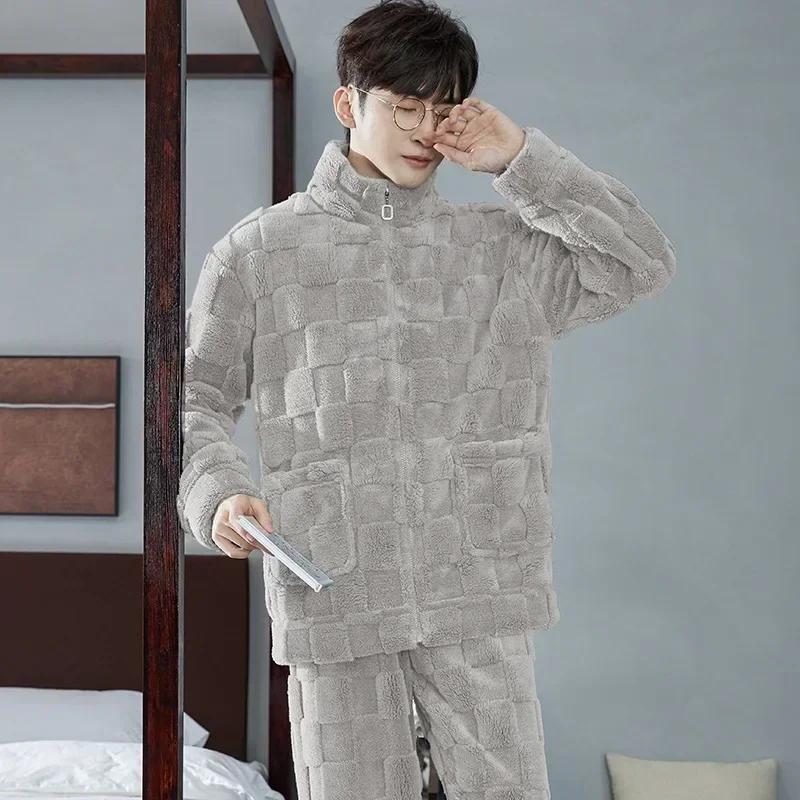 Men's Thicken Warm Pajamas Sets Flannel 2 Piece Sets Sleepwear Male Autumn Winter Home Suit Soft Nightwear Pijama Loungewer