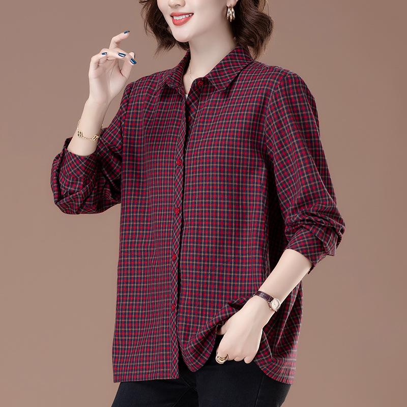 2025 New Autumn Plaid Cotton Shirt for Middle-Aged & Elderly Women - Plus Size, Turn-Down Collar, Cotton Linen