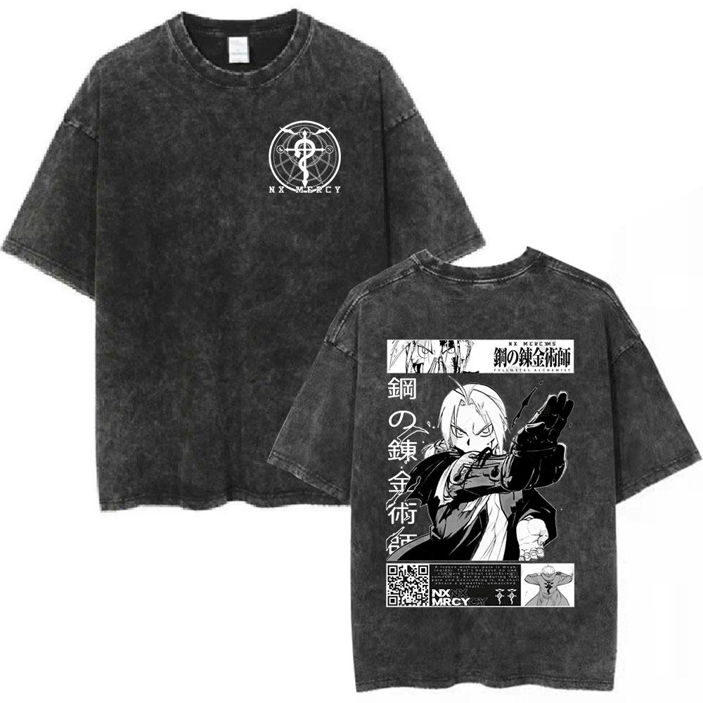 Camiseta Estampada con Logo de Anime Fullmetal Alchemist para Hombre y Mujer Moda Vintage Lavada Manga Corta Algodón Camisetas Oversize Streetwear