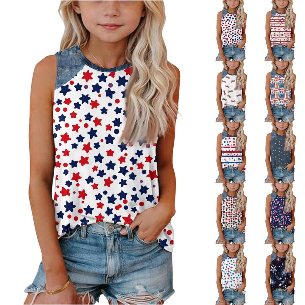 Sleeveless Loose Fit Tank Top Independence Day Star Print Denim Patch Round Neck T Shirt for Women Casual Summer Wear