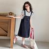 Girls' Cowboy Strap Skirt Set 2026 Summer Korean Edition Striped Short Sleeve Two Piece Set Girls' Casual Dress