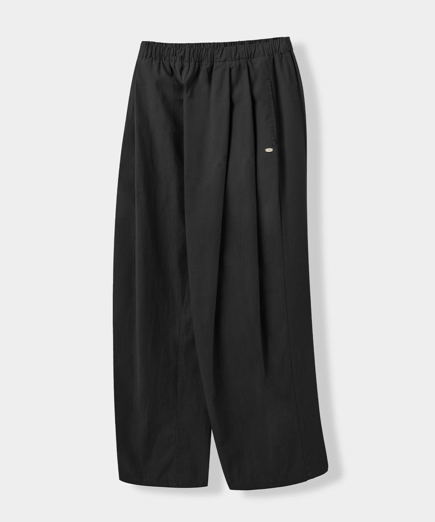 Yujen Double-Pleat Wide Cotton Elastic Waist Pants_Black
