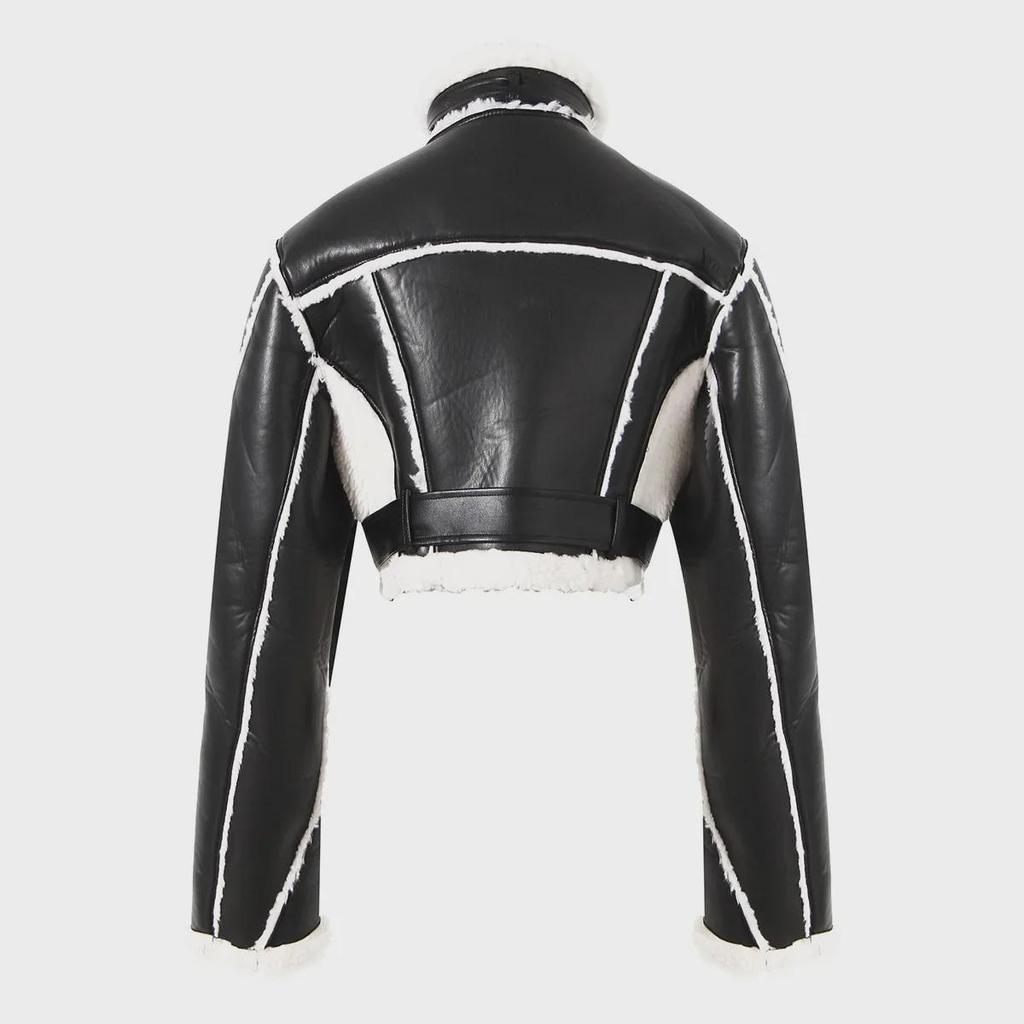 2023 Women's Motorcycle Style Leather Jacket - Short, Fur-Integrated, Cotton Outerwear