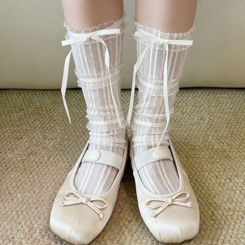 Spring and Summer Lightweight Socks - Children's Lace Mesh Stockings with Bow Ties - Long Stockings with Half-length Coverage