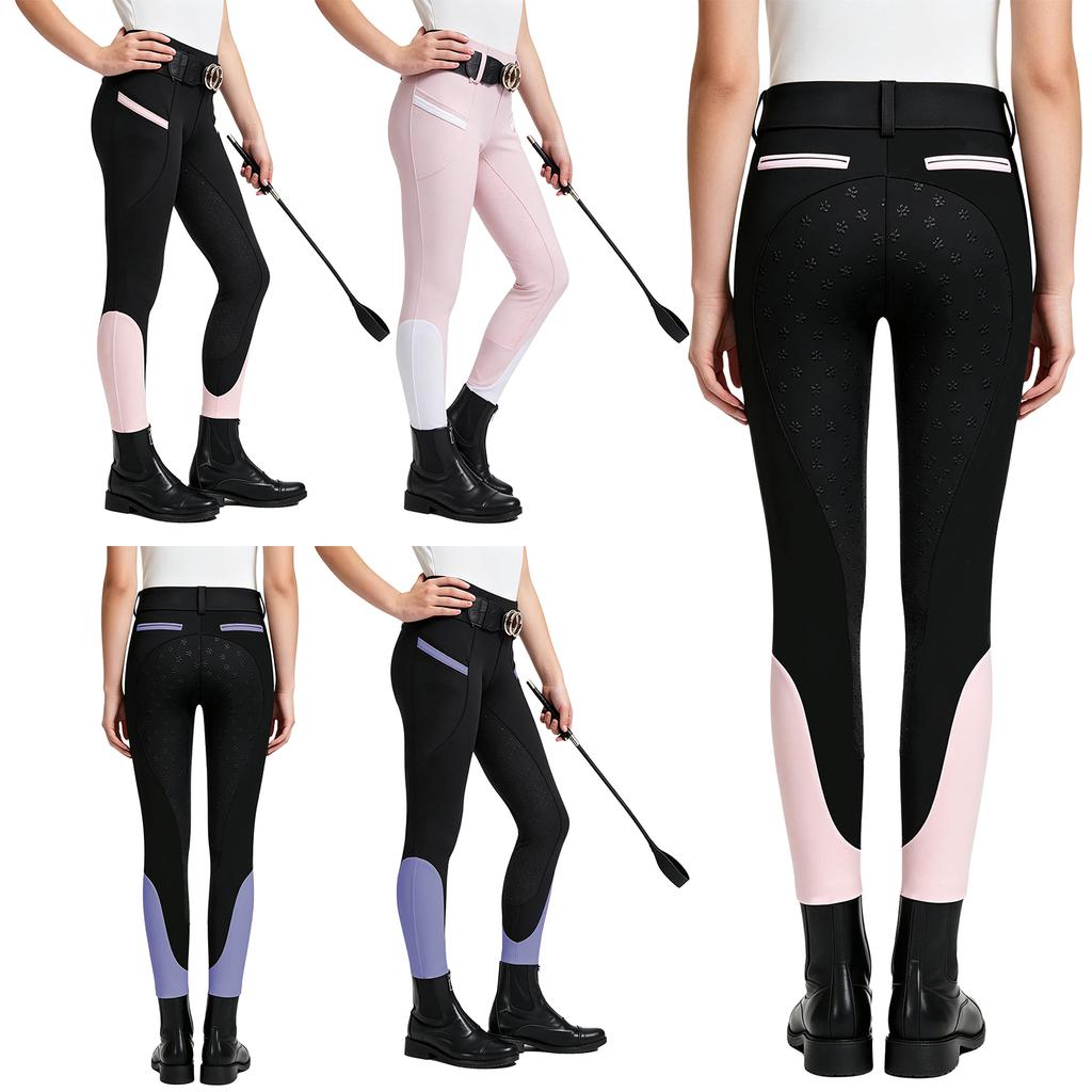 Kids Girls Horse Riding Tights Color Blocked Non Slip Full Seat Breeches with Pockets Belt Loop for Equestrian Sports