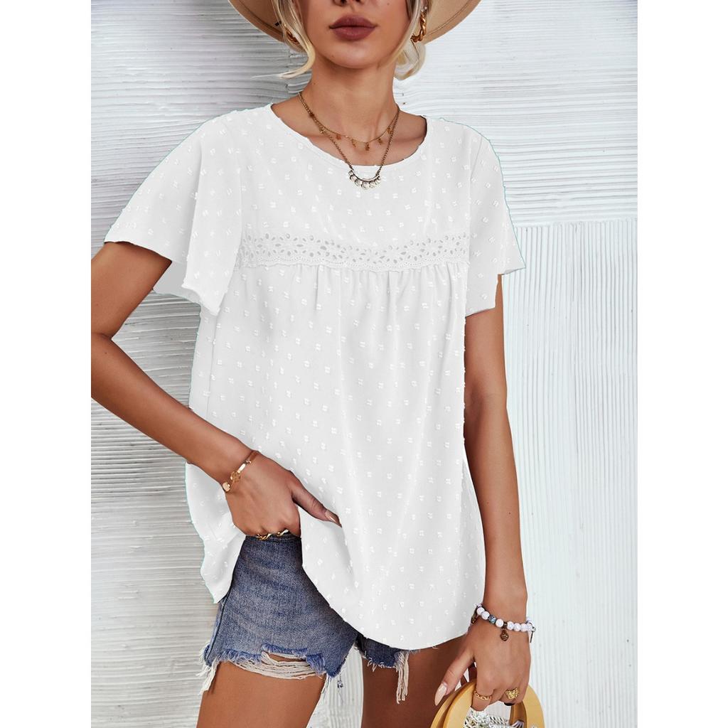 Summer Women's Loose Casual T-Shirt, European American Style Lace Crew Neck Flounce Sleeve Jacquard Dot Lace Trim Top