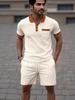Summer Men's Waffle Knit Color Block Casual Set with Lapel and Shorts