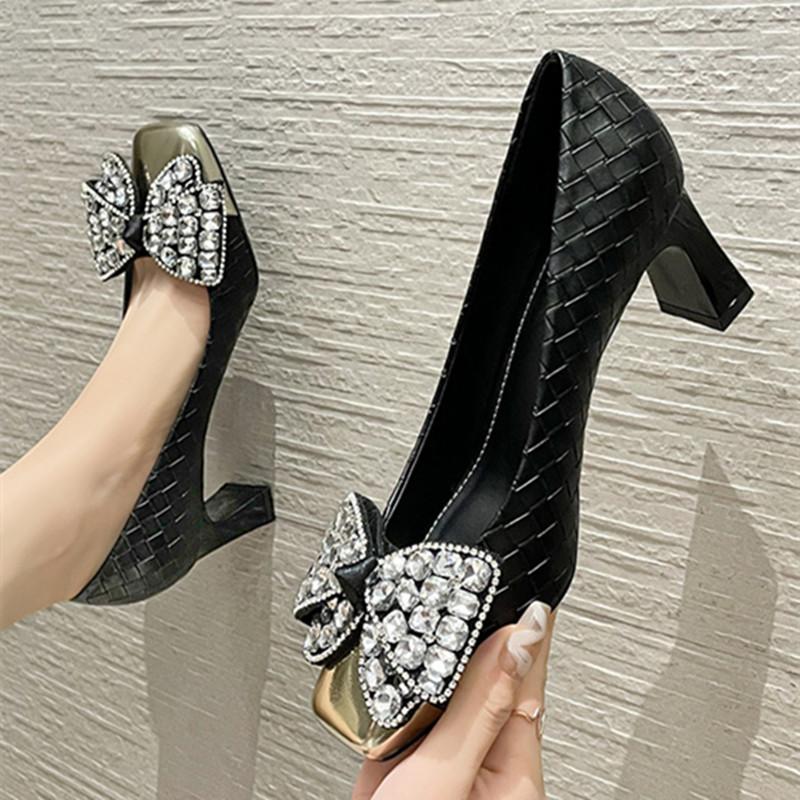 Luxury Rhinestone Bow Mary Jane Pumps High Quality Square Toe Shallow Designer Brand Sandals Women Fashion Comfort Slide Sandals