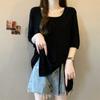 Large size fat mm pit strip irregular split short-sleeved t-shirt women's summer new loose meat cover versatile age-reducing top