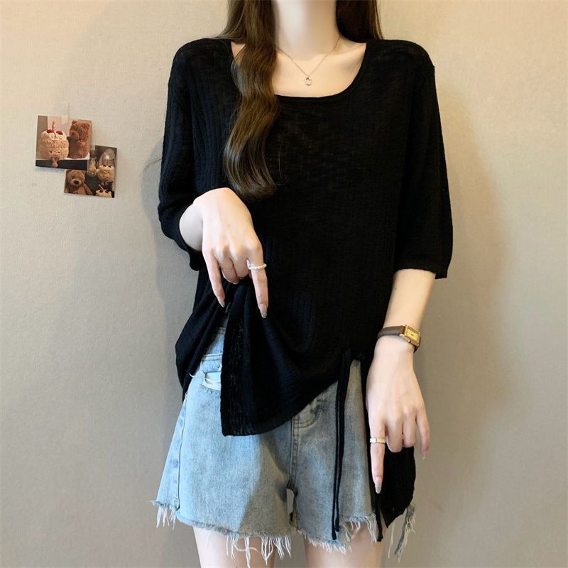 Large size fat mm pit strip irregular split short-sleeved t-shirt women's summer new loose meat cover versatile age-reducing top
