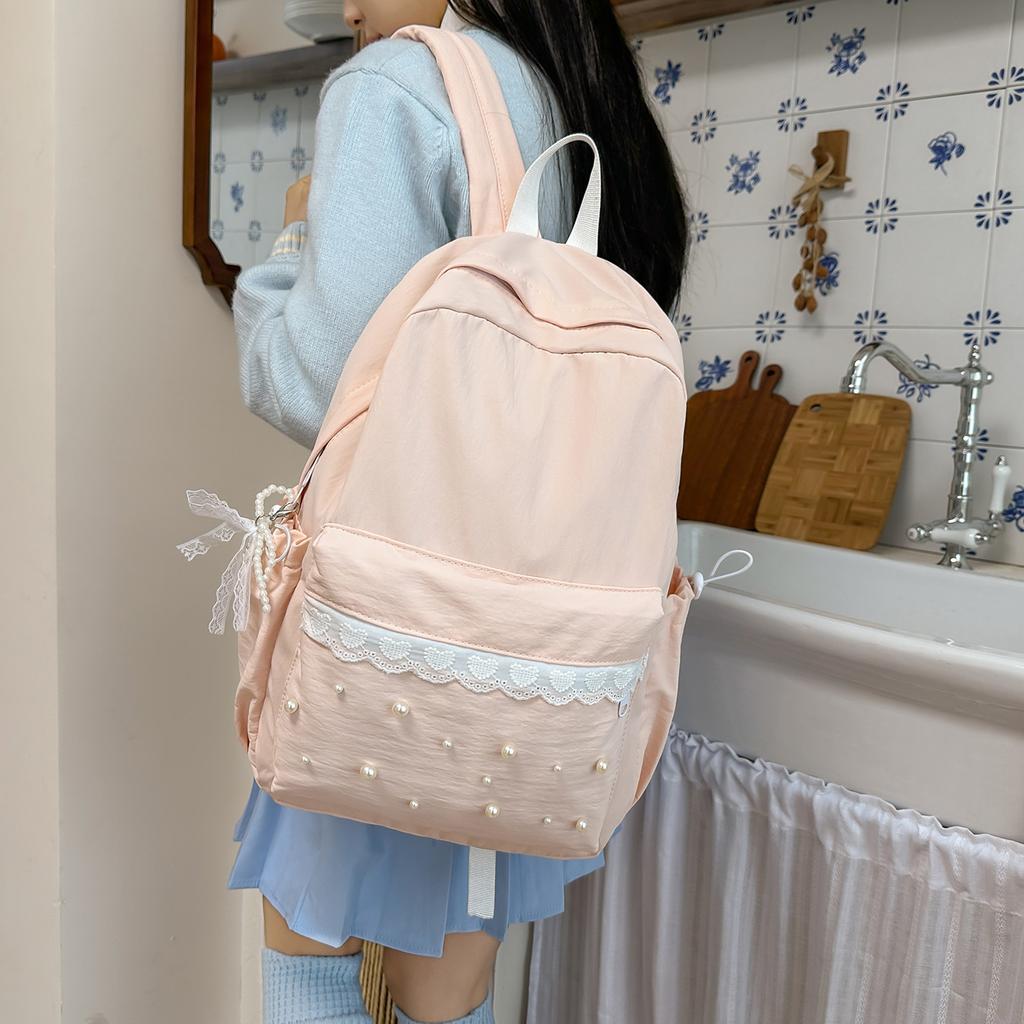 Zaino versione coreana dolce pizzo borsa zaino carina fiocco perla zaino studente moda casual versatile zaino