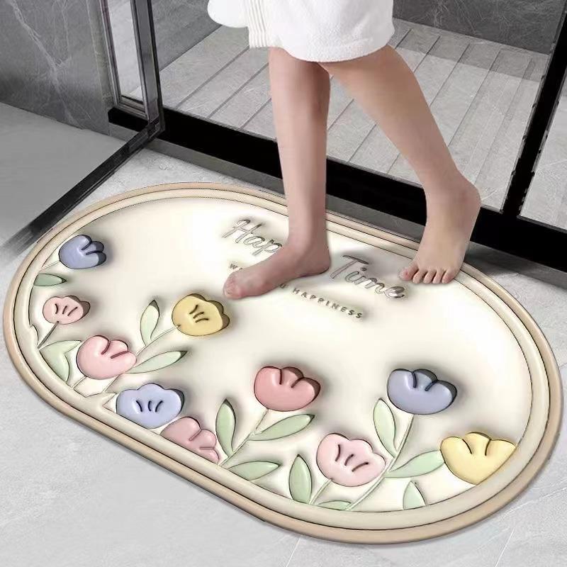 Covoraș de baie 3D Diatom Mud - Covoraș absorbant, cu uscare rapidă, lavabil, imprimat pentru ușile de baie