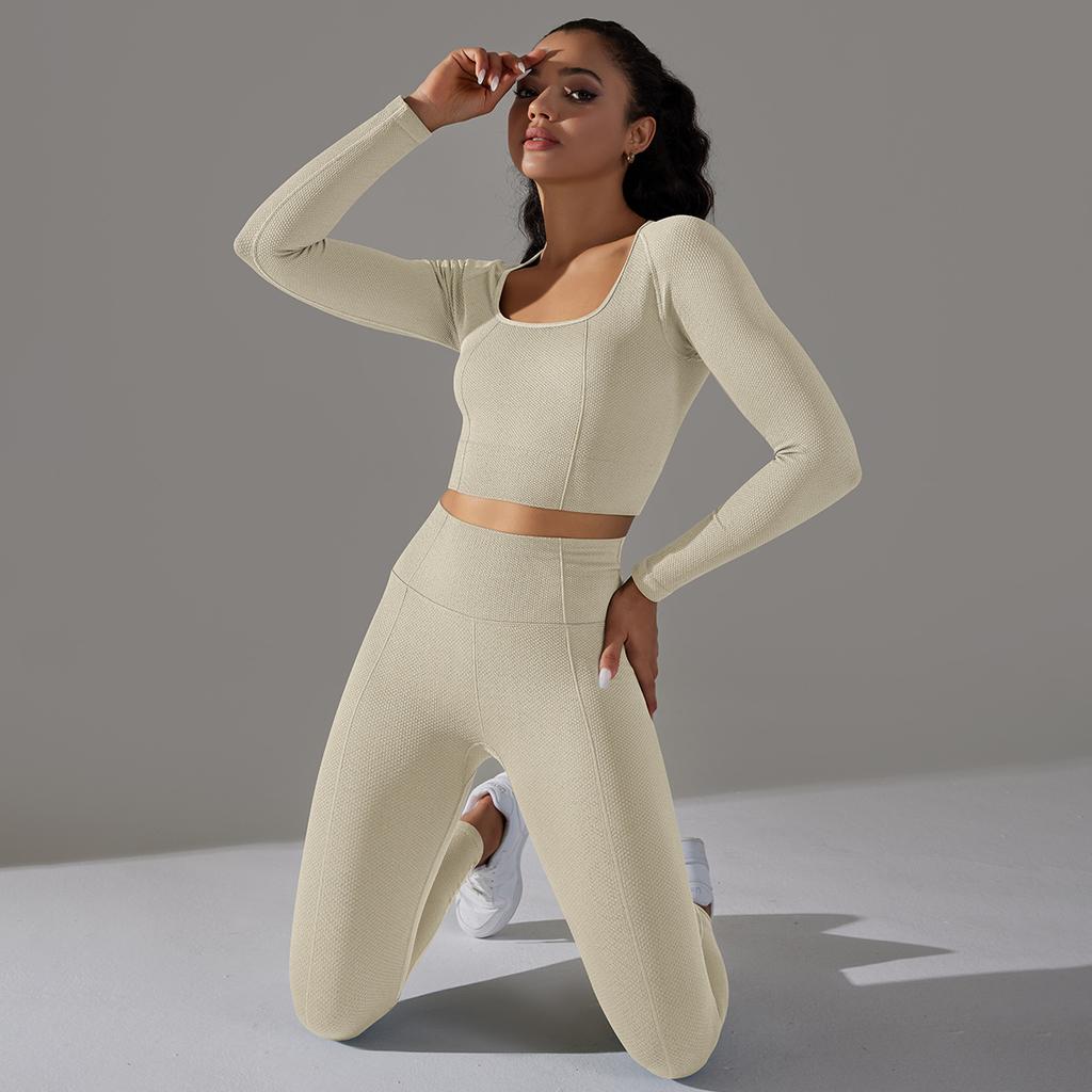 Seamless Knitted Long Sleeved Sports And Fitness Pants, Quick Drying Jacquard Breathable Hip Lifting Running Yoga Suit Set