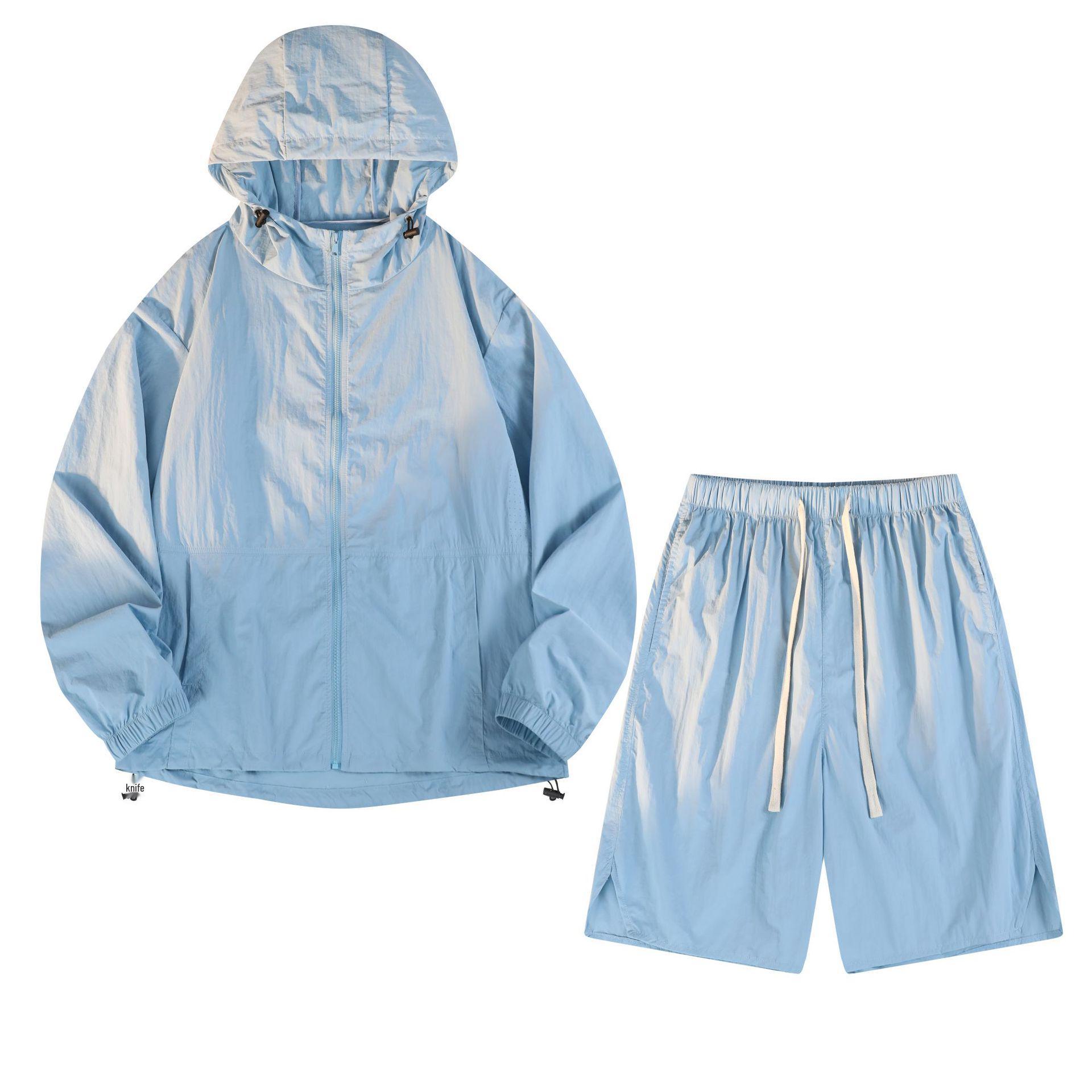 Herren Sommer Sonnenschutz Set: Nylonjacke & Schnelltrocknende Shorts - Atmungsaktive Outdoor-Bekleidung für Paare S himmelblaue
