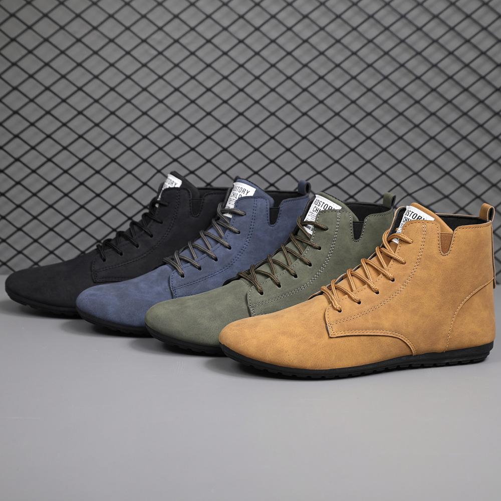 Fashion Men High Top Suede Casual Shoes with Brown Leather Lace Up Ankle Boots Cushioned Insoles Anti Slip Black Sole Retro Style Boots