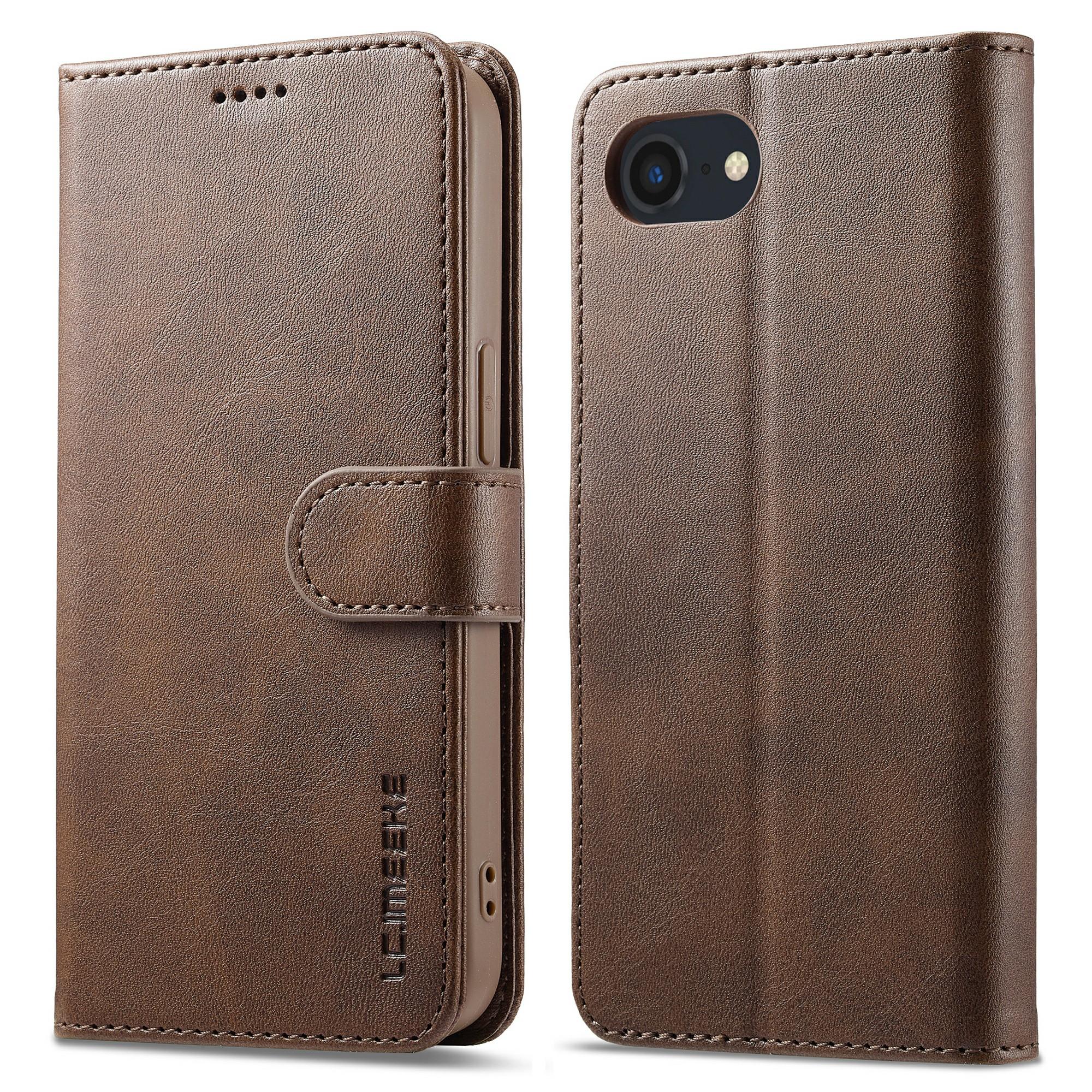 

LC.IMEEKE For iPhone 16e Case Calf Texture Magnetic Clasp Stand Phone Cover Brown