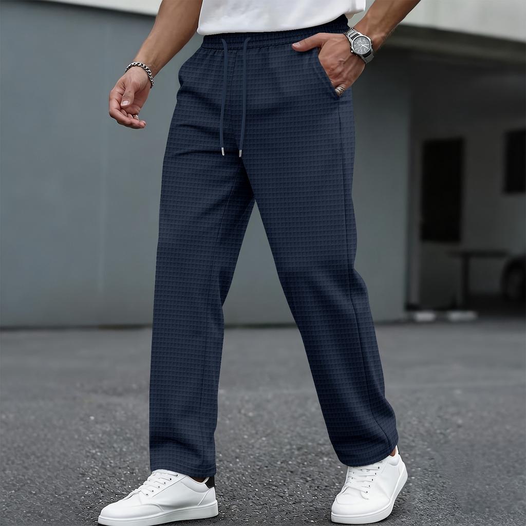 Men's Casual Plaid Drawstring Pants with Elastic Waistband Relaxed Fit Lightweight Trousers for Daily Wear