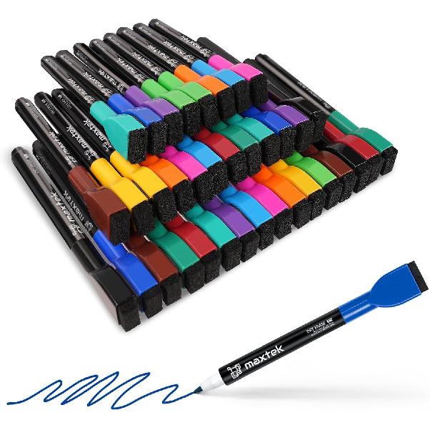 maxtek Magnetic Whiteboard Markers - 12 Count Colorful Fine Tip Dry Erase Markers with Eraser for Kids, Low Odor Thin Markers for Calendar Boards