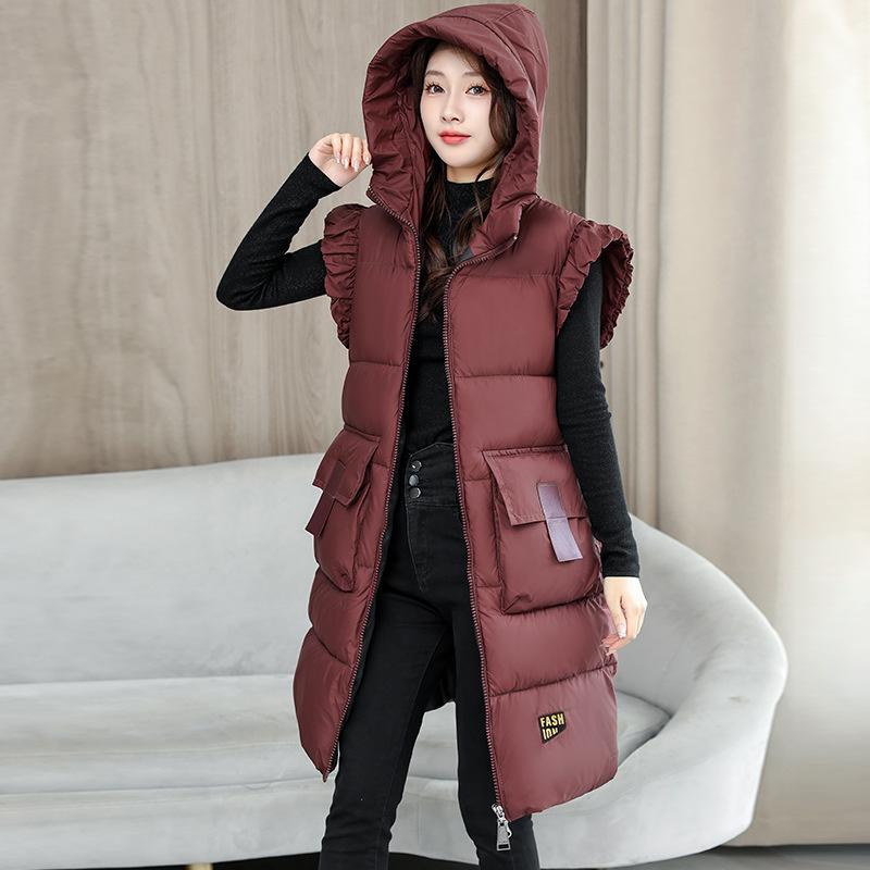 Large Size Autumn and Winter Women's Vest Hooded Mid-length Outdoor Thickened Windproof Warm Vest Loose Sleeveless Jacket Jacket
