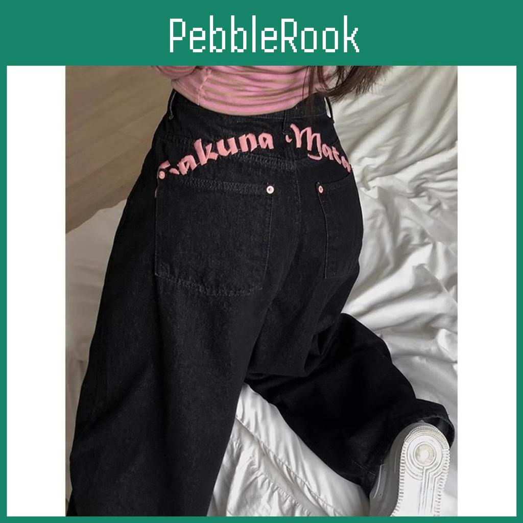 Backstitched Print Letter Denim Pants For Women Spring Sweet Edgy Highwaisted Slimming Wideleg Straightleg Long Pants
