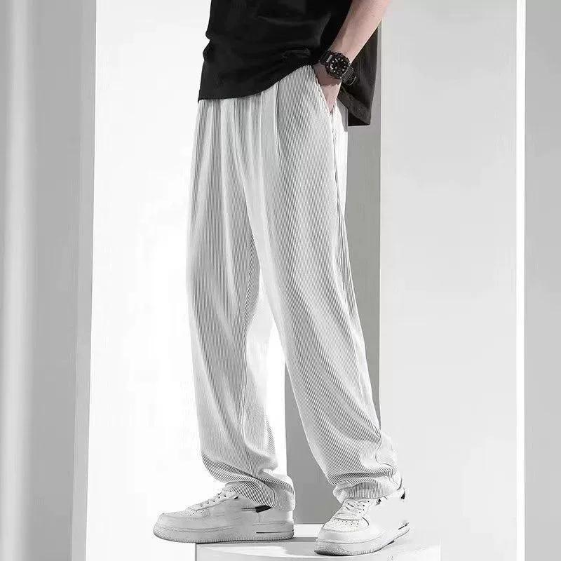 Ice Silk Men's Summer Thin Loose Casual Loose Waist Drapey Sport Long Pants Elastic Cuff Comfortable Lightweight Trousers