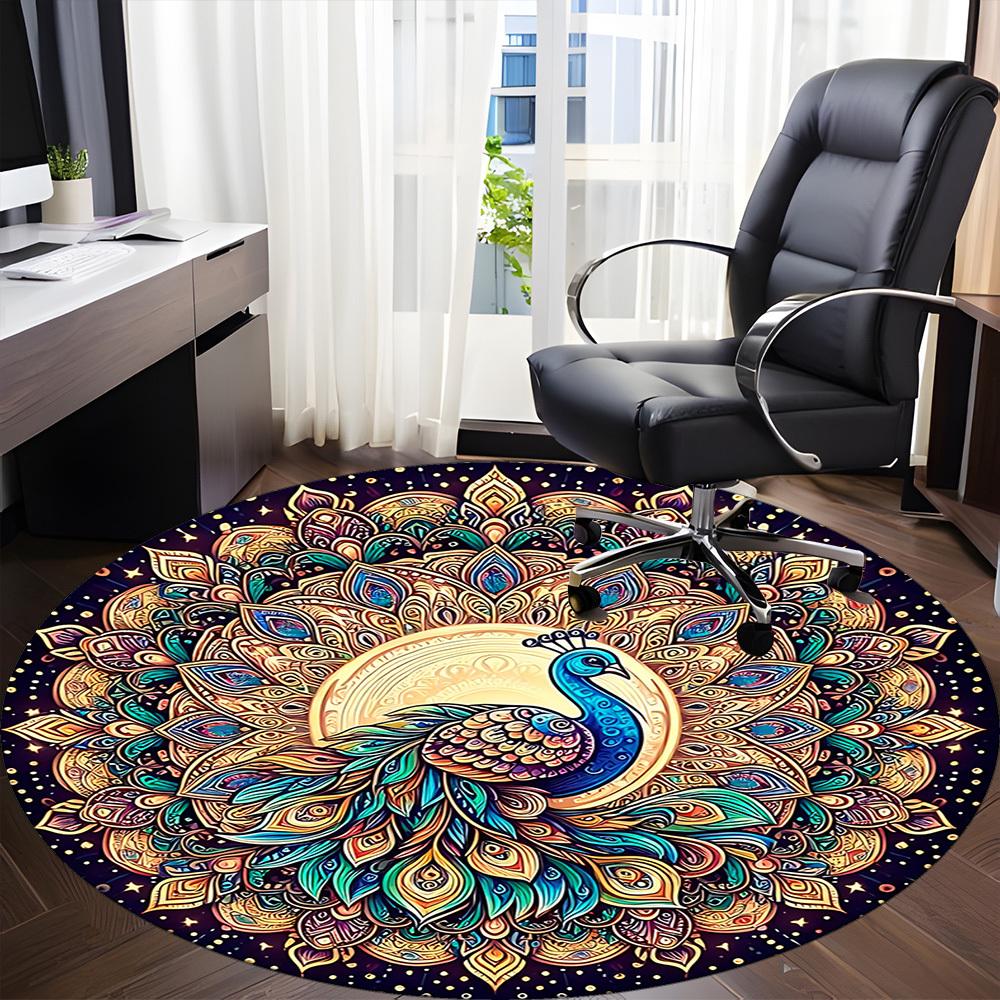 1 Stück Pfauen Mandala Kunstwerk Büro Runder Teppich, Rutschfest, Weicher und Langlebiger Büroteppich für Innendekoration, Perfekt für das Büro