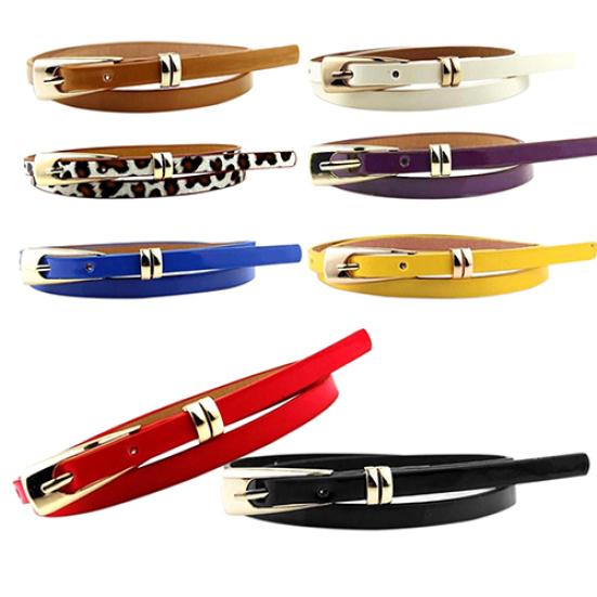 Fashion Women Candy Color Thin Narrow Faux Leather Dress Belt Buckle Waistband