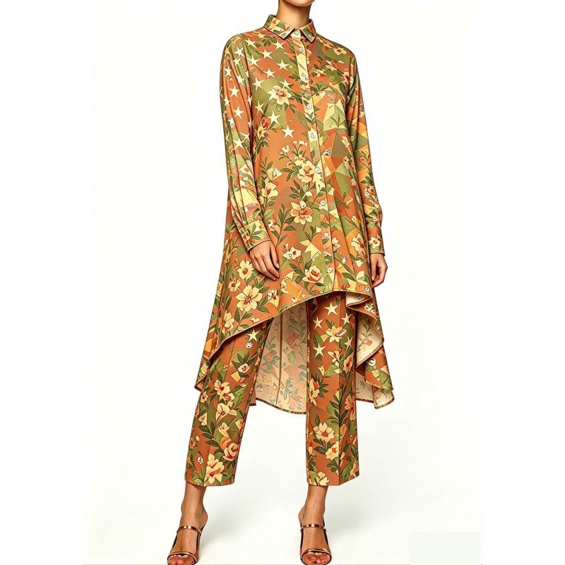 Summer new sunset seascape floral print irregular lapel long-sleeved shirt nine-point pants women's casual suit