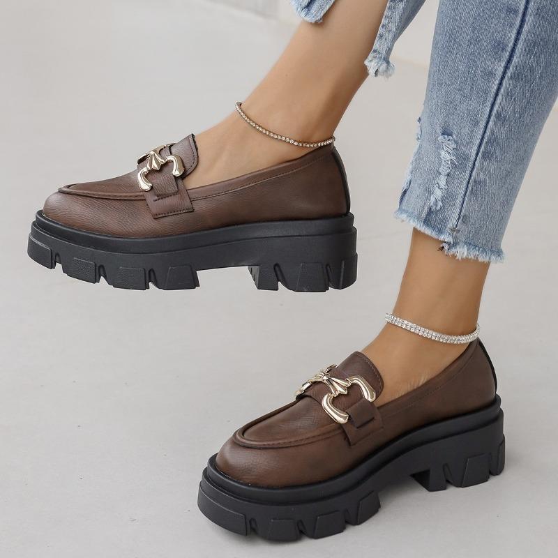 Fashion Women's Thick Soled Single Shoes Autumn New Round Head Deep Mouth Metal Buckle Non-slip Low-top Shoes