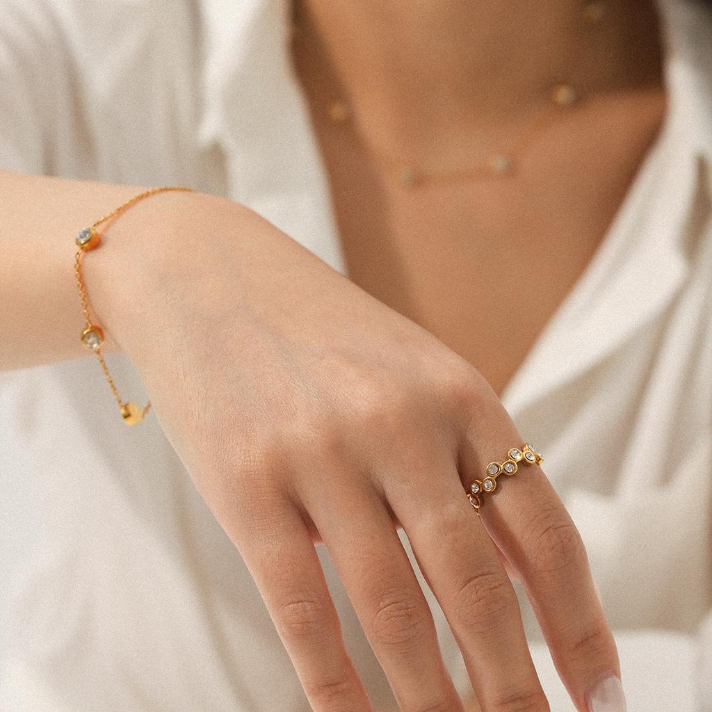 18K Gold Plated Stainless Steel Inlaid Zircon Necklace, High-end Bracelet, Ring, Light Luxury Titanium Steel Jewelry