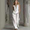 2026 Womens Sleeveless V-Neck Top Wide-Leg Pants Set Color-Block Contrast Trim Lightweight Breathable Outfit