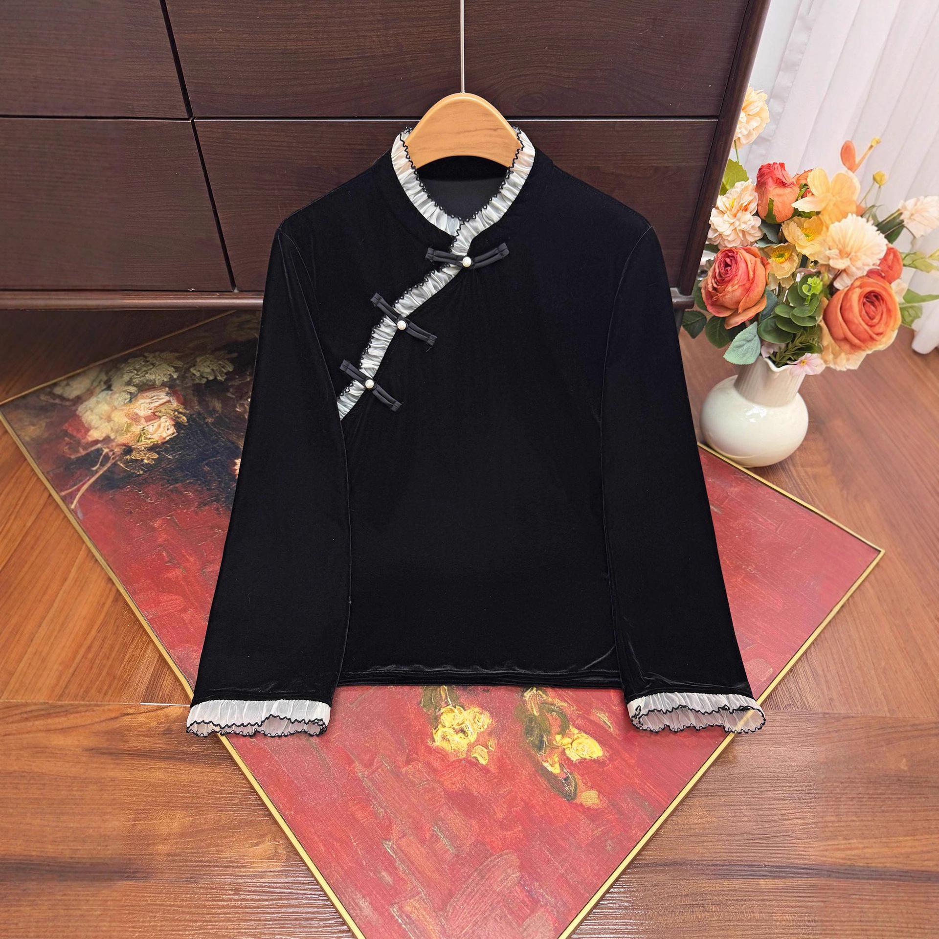 

2025 Velvet Lace Patchwork Slimming Diagonal Collar Shirt for Women 4XL [Recommended 135-150 jin] чорний