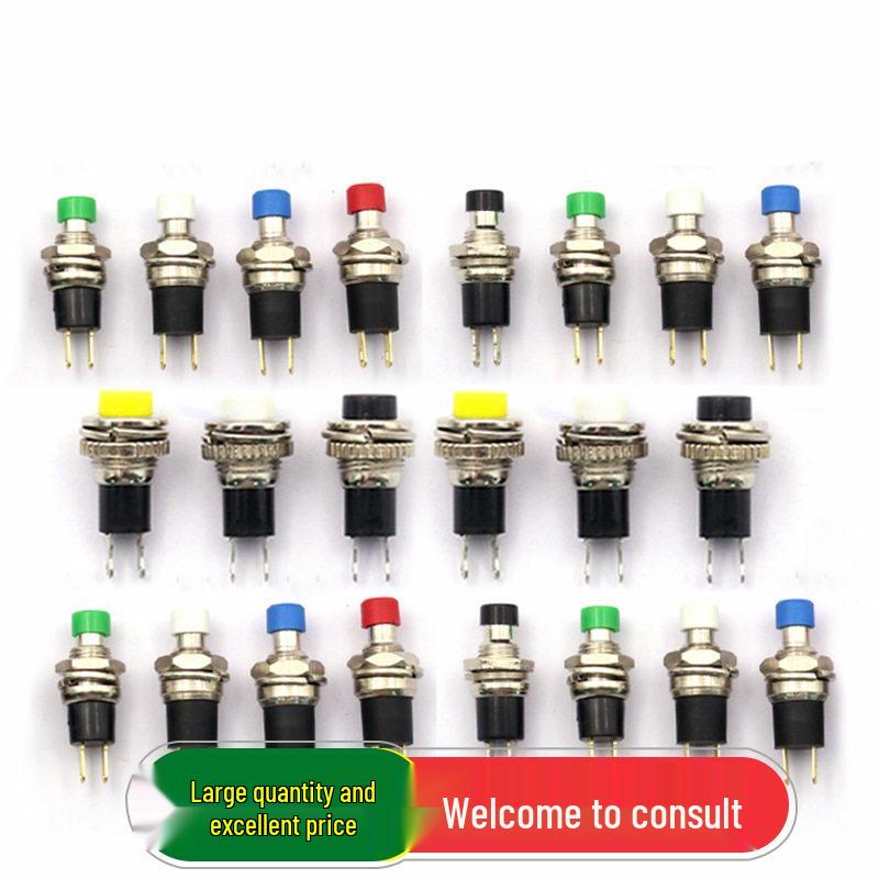 Small Round 2-Pin Momentary Power Switch PBS-110, Self-Resetting, Self-Locking, Copper Pins, 7MM