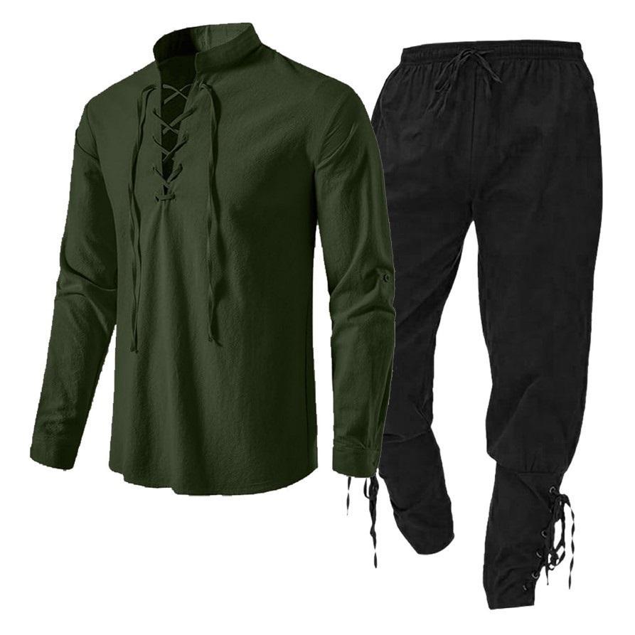 

Мужская рубашка с длинными рукавами из хлопка и льна, повседневная пляжная рубашка с воротником-стойкой, однотонный костюм-двойка S