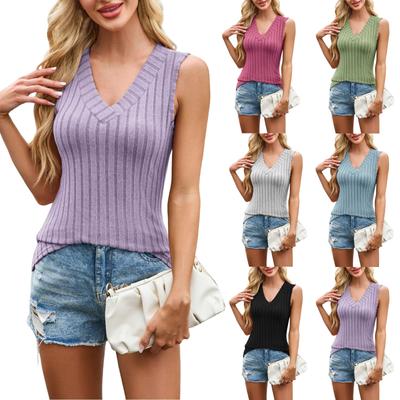 Kadın Kolsuz Örgü Büyük V Yaka Düz Renk Şeritli Kazak Üst