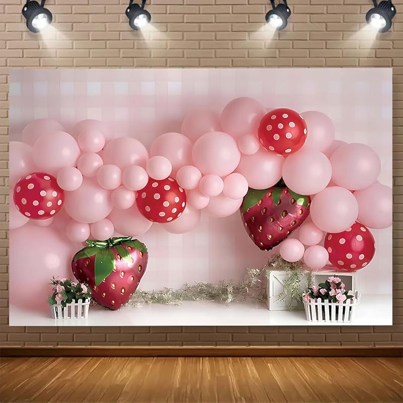 Pink Balloons Strawberry Photography Background Girls Birthday Party Decoration Sweet First Birthday Party Supplies Baby Shower Party Cake Smash