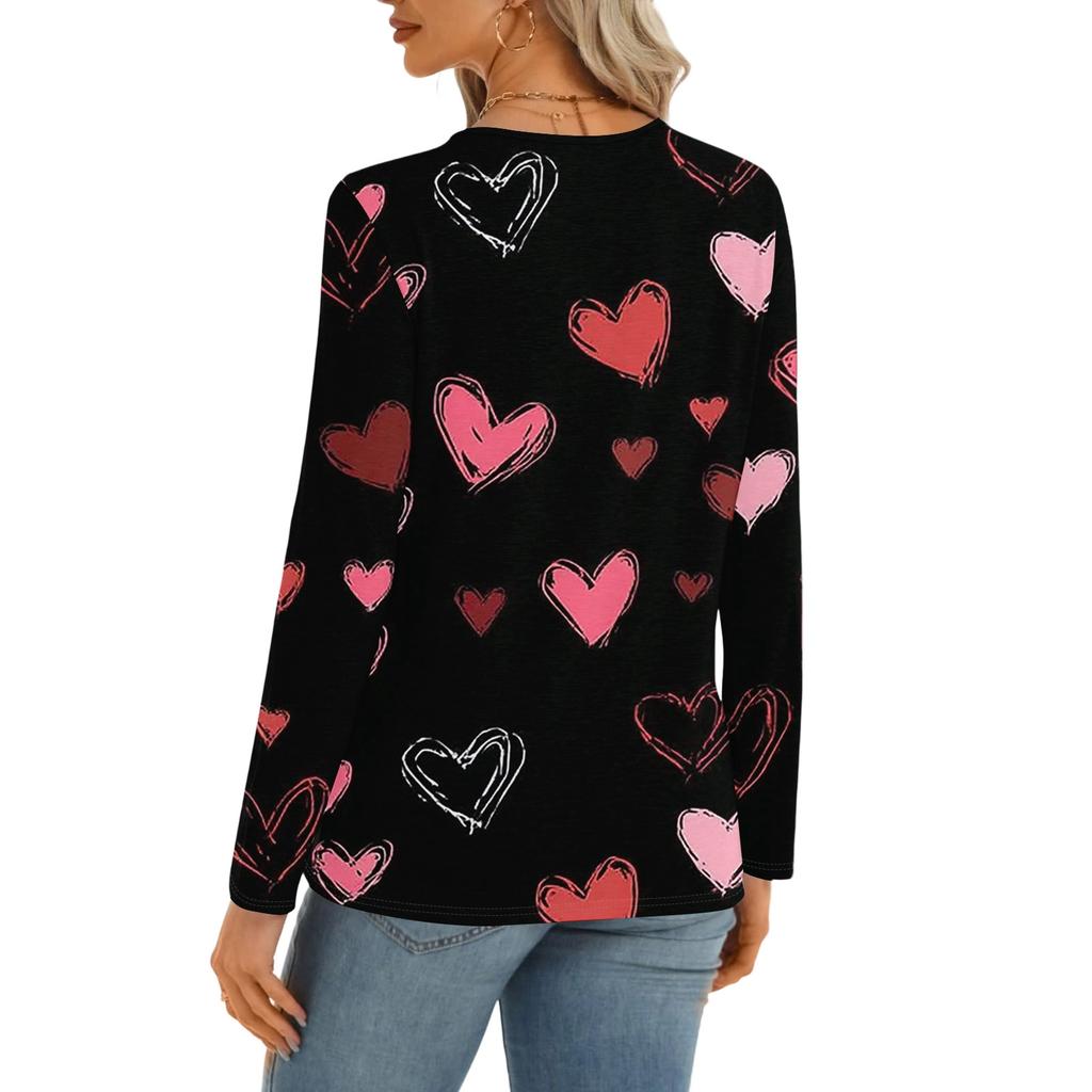 Women's Casual Round Neck Hollow,out Pullover Long Sleeve Valentine's Day Heart Print T,shirt Top